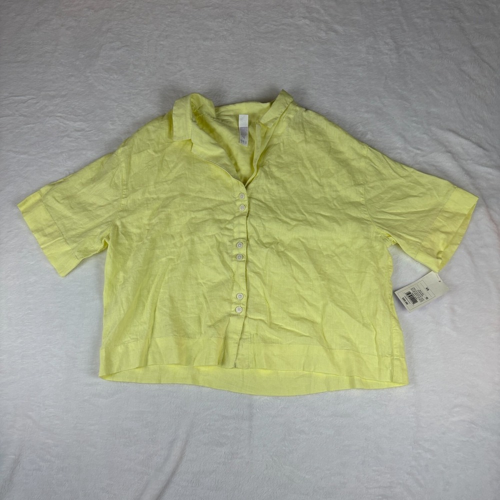 Stars Above Pajama Top Womens XS Yellow Linen Blend Short Sleeve Botton Down